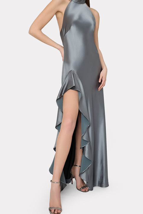 Roux Hammered Satin Gown Pewter Image 3 of 5