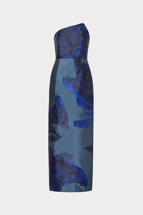 Asymmetrical Forest Jacquard Maxi Dress Navy Multi Image 1 of 4