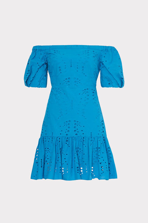 Butterfly Eyelet Off The Shoulder Dress Blue Image 1 of 4